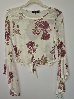 Y2K cleo Sheer Floral Tie-Front Blouse Womens M Bell Sleeve Crop Top